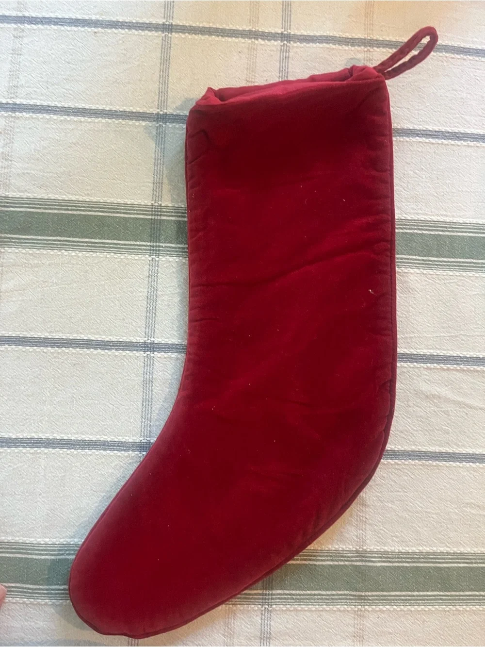 Lands' End Navy Cross-Stitch Santa Sleigh & Reindeer Stocking with Red Trim